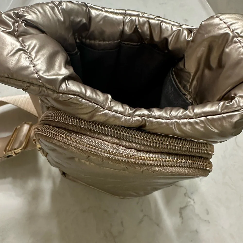 WonderFull Quilted Metallic Taupe Crossbody Bag with Wide Strap, NWT - Picture 2 of 9